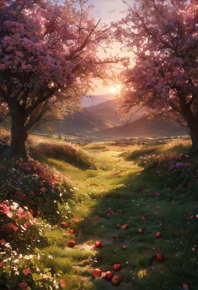 (best quality, 8k, high res, masterpiece:1.2), photorealistic, ultra-detailed, vibrant photography of a picturesque apple orchard at sunset. The trees are heavy with ripe, glistening apples in shades of red, green, and gold, their leaves a vibrant, healthy green. Sunlight filters through the branches, casting a warm, golden glow over the entire scene. Delicate apple blossoms still cling to some branches, adding a touch of soft pink and white to the landscape. The ground is covered with a lush carpet of grass and wildflowers, with fallen apples scattered about. A rustic wooden fence borders the orchard, and in the background, rolling hills and distant mountains are bathed in the warm, fading light of the setting sun. A gentle breeze rustles the leaves and carries the sweet scent of apples through the air. This idyllic scene captures the serene beauty and abundance of nature in exquisite detail. (dynamic angle, cinematic lighting, ethereal atmosphere:1.1), (extremely detailed:1.2), (vivid colors:1.3), (perfect composition:1.2), (sharp focus, stunning realism:1.2)