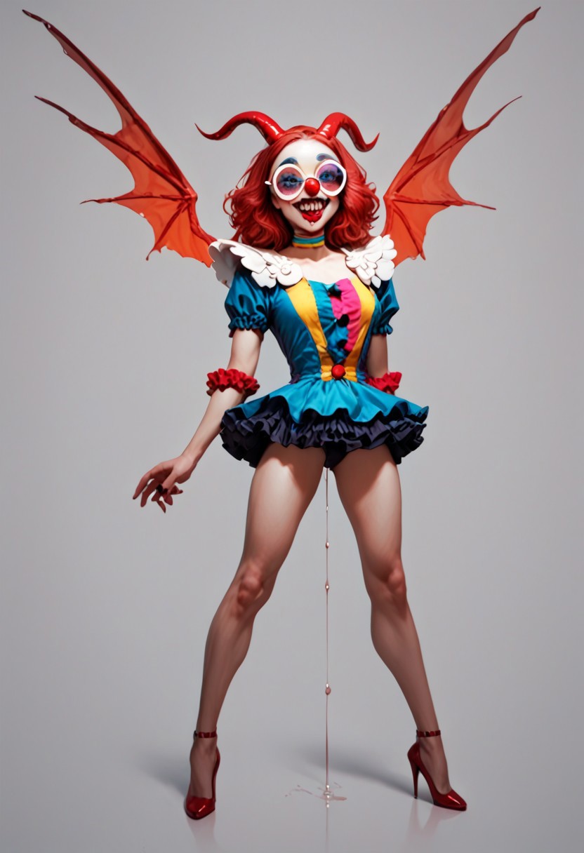 score_9, score_8_up, score_7_up, score_6_up, 
1girl, clown girl, 
roundglassesb, big round glasses, 
slim, slender, long legs, 
clown suit, frilly skirt,
wings, fangs, horns, sharp teeth,
 red liquind dripping from hands,