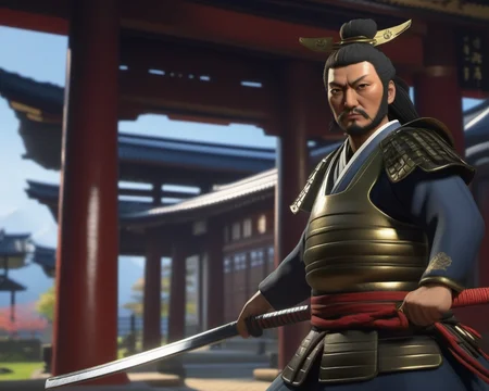 Civilization 6 style, Japanese samurai wielding a sword inside a temple, <lora:ææXLv1:1>