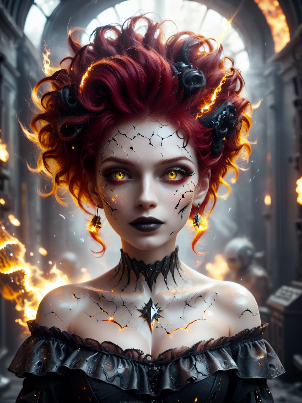 cinematic photo of a woman, off-the-shoulder blouse, mohawk red hair, glowing yellow eyes, black lips, lopsided smile, magmacore, inner fire, rays coming through cracked skin, sci-fi, film, bokeh, whimsical, 4k, highly detailed,
DonMD3m0nXL <lora:DonMD3m0nXL:0.5>  <lora:GeorgianStyleLocal:0.8>