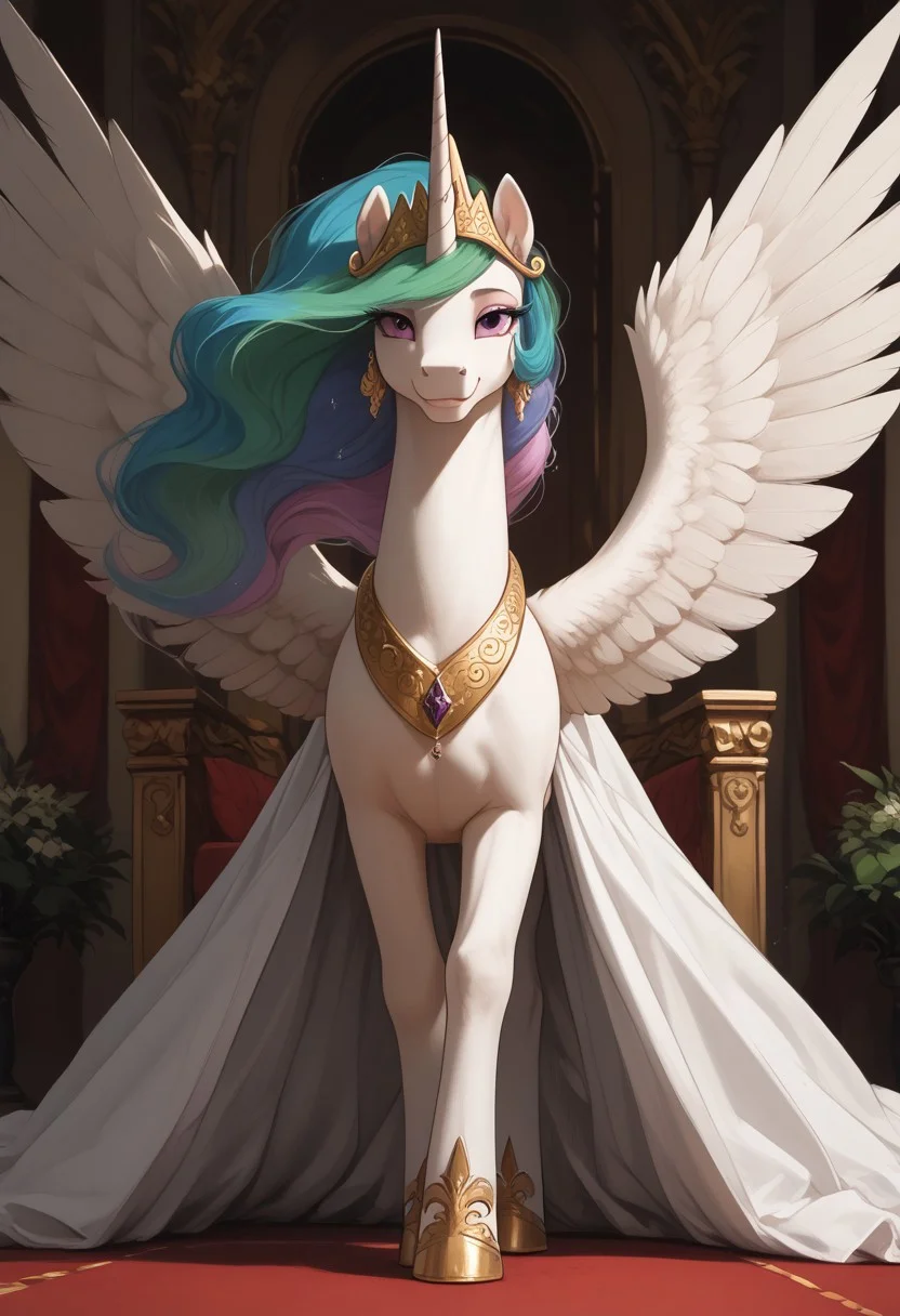 score_9, score_8_up, score_7_up, Expressiveh, feral pony, solo, standing in the throne room, looking back at viewer, (soft gaze, soft smile), (dramatic angle), (front view), ((spread wings)), (regal, majestic:1.1)
BREAK,
((princess celestia, beautiful earrings, multiple necklaces, white beads on neck)), ((elegant white dress, elegant white stockings)), dock, tail
