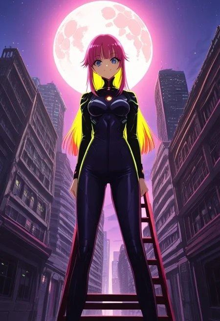 colorful, 1girl, colorful, colorful, cyberpunk, ladder, looking at viewer, moon, multicolored hair, two-tone hair, pink theme, long hair, solo, closed mouth, limited palette, full moon, building, smile, outdoor, city lights, masterpiece, best quality, newest, very awa