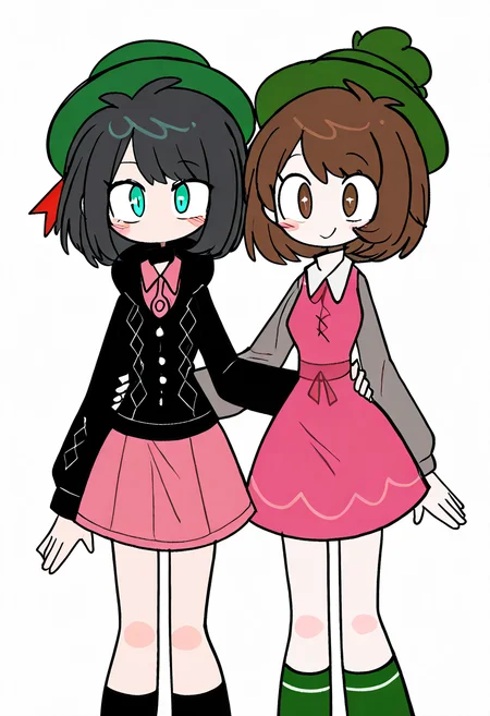 masterpiece, best quality, medium breasts, (curvy), BREAK, 2girls, zzMarnie, aqua eyes, black hair, black choker, red ribbon, pink dress, jewelry, black jacket, open clothes, long sleeves, Gloria (pokemon), brown hair, brown eyes, green hat, grey cardigan, hooded cardigan, cable knit, pink dress, green socks, long sleeves, collared dress, blush, happy, arm around waist, hand towards viewer, ,curvy, <lora:MarnieGloriaPokemon_NAI:1.0>,smile, looking at viewer, cowboy shot, <lora:ToonCAT_NAI:1.0>,