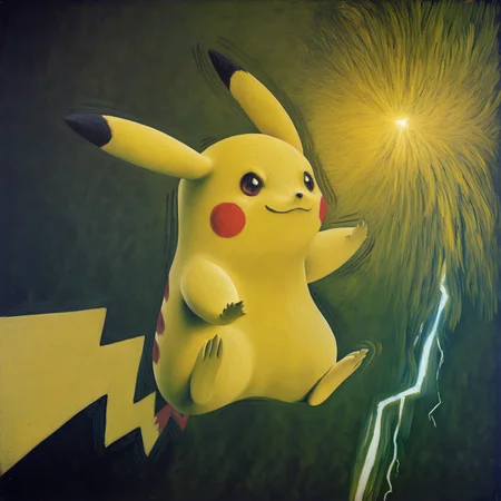 artist: sargent, painting \(medium\), oil painting \(medium\), traditional media, 
pikachu, pokemon, no humans, pokemon \(creature\), pokemon \(species\), jumping in the air, motion lines, cinematic lighting, lightning, glow, smile, solo,
 <lora:John Sargent Illustrious 0.1-step00000630:0.8>