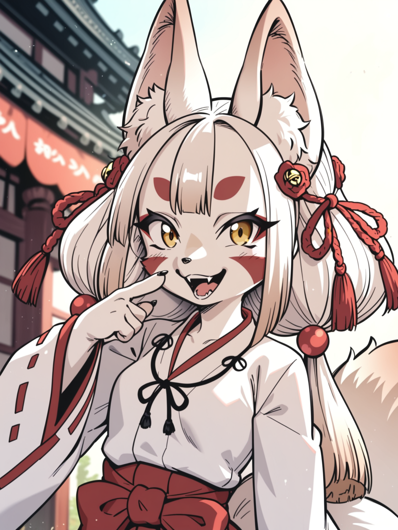 <lora:happy_tentacle-junkohaku-v0.1:0.9>, ht_junkohaku, hair ornament, jingle bell, fox tail, white fur, yellow eyes, small breasts , smile, open mouth, outdoors, day cowboy shot, 1girl, (petite:1.2), solo focus, (looking at viewer:1.1), sidelighting, (depth of field:0.8), , score_9, score_8_up, score_7_up, score_6_up, score_5_up, score_4_up