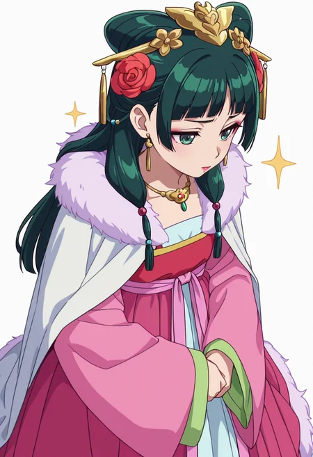 Smooth Quality,masterpiece,very intricate, high quality details, ultra realistic, high detailed skin,detailed enviorement,absurdres,
simple background, white background,solo,
from above,furrowed brow,
<lora:Maomao_CNR:0.8> maomao_cnr,green hair, long hair, green eyes, flat chest,
maocourtesan_cnr,chinese clothes, hanfu, dress, robe, long sleeves, wide sleeves,hair ornament, red hair flower,jewelry, necklace, fur trim, makeup,eyeshadow, lipstick, sparkle, hair ringshair bun,