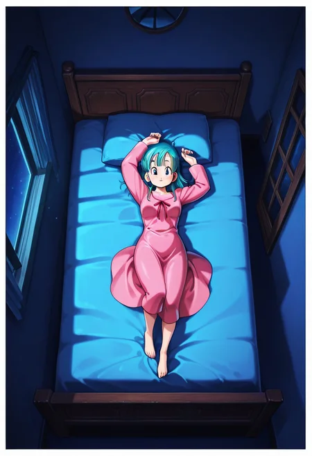 Score 9, Score 8, Score 7, Masterpiece, High Quality, Good Quality, Latest Model, High Resolution, Absurd, ((White Border)), Cinematic Lighting, High Contrast (Rim Light: 0.6), Dynamic Vision, <lora:illustriousXL_stabilizer_v1.23:0.3> <lora:NOOB_vp1_detailer_by_volnovik_v1:0.3> <lora:ponyv6_noobE11_2_adamW-000017:0.45> <lora:checkpoint-e18_s306:1.5> <lora:haiz_ai_illu:0.7>, Vibrant Colors, Bright Color, Dynamic Pose, Dynamic Angle, Dynamic Composition, Dynamic Colors, Colorful Image, High Contrast, Saturated Colors, Thick Line, Bright Colors, Good Lighting, Color Saturation,
masterpiece, best quality, source_hentai, medium shot,
bulma, dragon ball \(classic\), blue eyes, aqua hair,
In her room, window at night, blue bed,
pink pajamas, long pink nightgown, lying down, melancholic, medium shot, close-up face, view from above