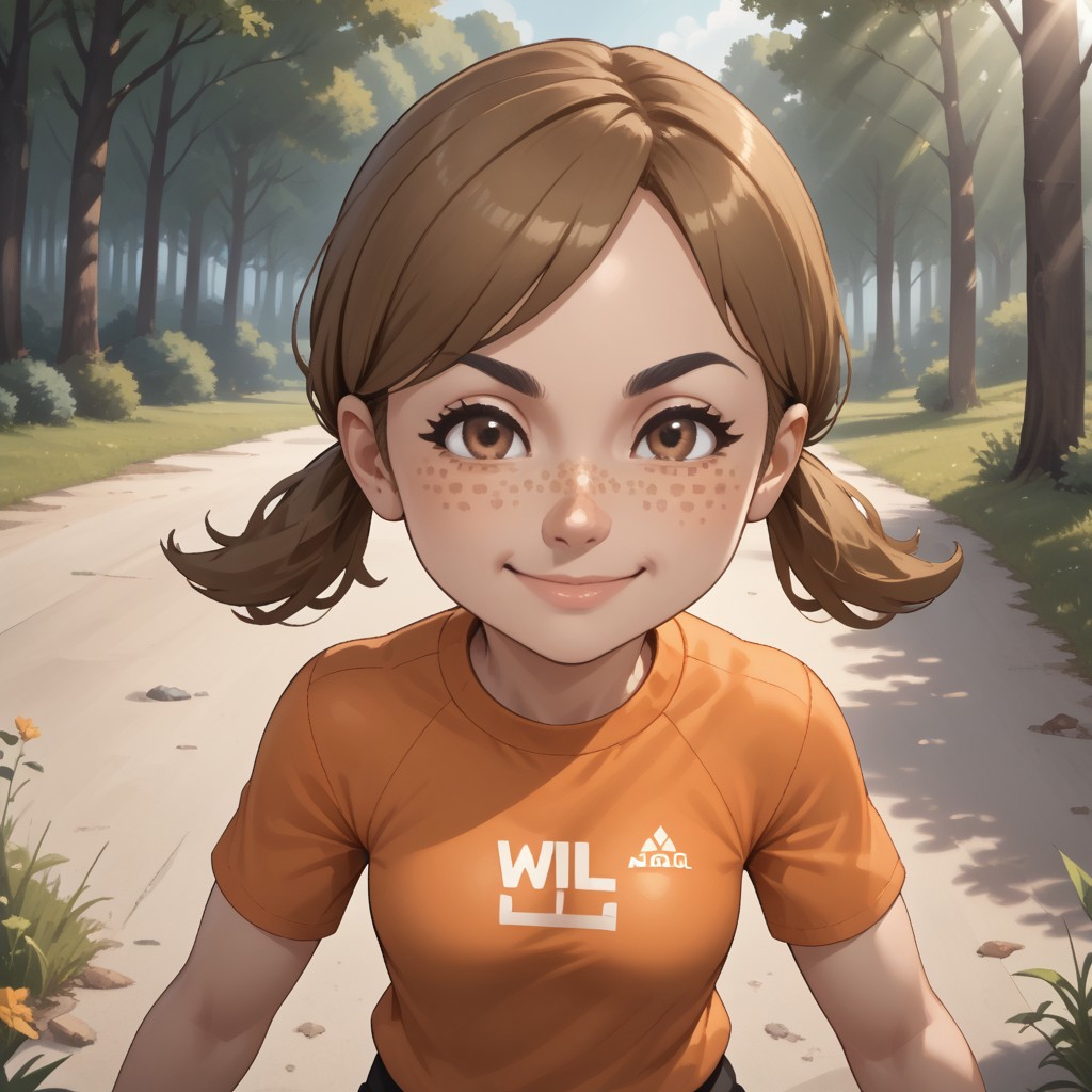 score_9, score_8, BREAK, solo, wii, mii, wii sports, 1girl, female mii, dark blonde hair, low ponytails, brown eyes, freckles, black eyebrows, orange clothing, black pants, breasts, shoes, cute, nintendo mii, modern_mii, classic_mii, Lucia_(Wii_Sports), sexy pose, smile, outdoors, sunlight, shadows, evening lighting, natural lighting, forest, trees, grass, orange sky, sunset