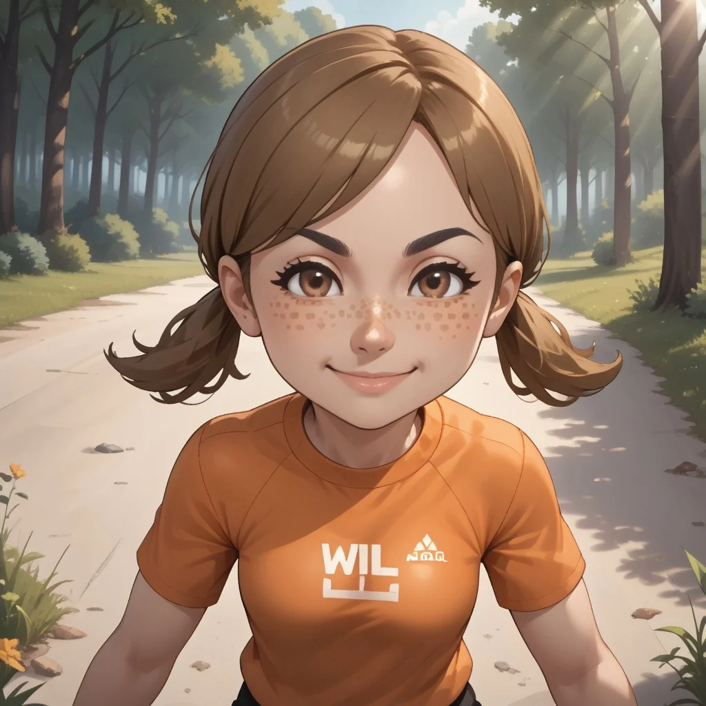 score_9, score_8, BREAK, solo, wii, mii, wii sports, 1girl, female mii, dark blonde hair, low ponytails, brown eyes, freckles, black eyebrows, orange clothing, black pants, breasts, shoes, cute, nintendo mii, modern_mii, classic_mii, Lucia_(Wii_Sports), sexy pose, smile, outdoors, sunlight, shadows, evening lighting, natural lighting, forest, trees, grass, orange sky, sunset