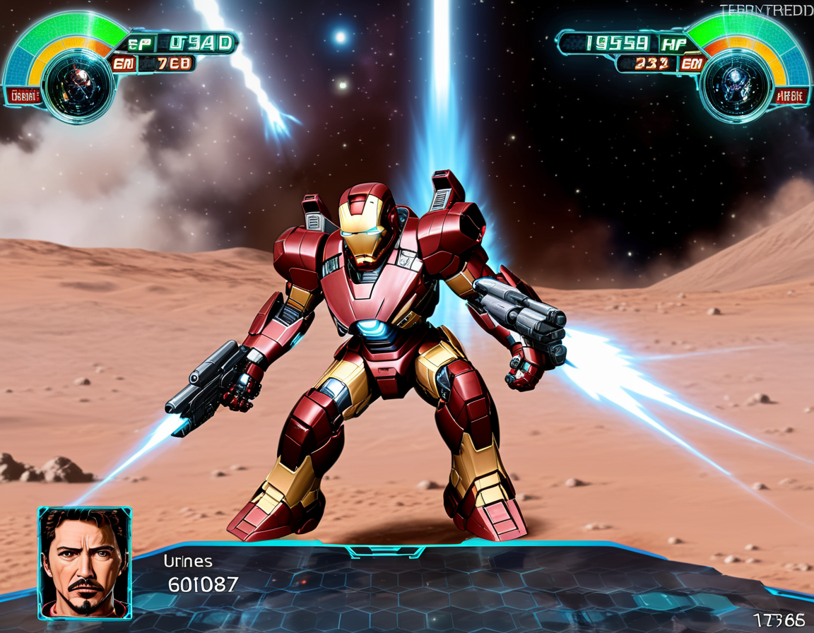 "0599",high quality,A strategic space combat scene in a mecha game interface, showcasing the iconic Iron Man in place of the traditional mecha. Tony Stark's confident and intelligent visage replaces the pilot's portrait, The Iron Man suit, detailed and glowing in the game's HUD, is poised for action, with high HP and energy levels emphasizing its power the tranquil expansion of space contrasts with the imminent high-tech warfare, <lora:rw4:0.67>