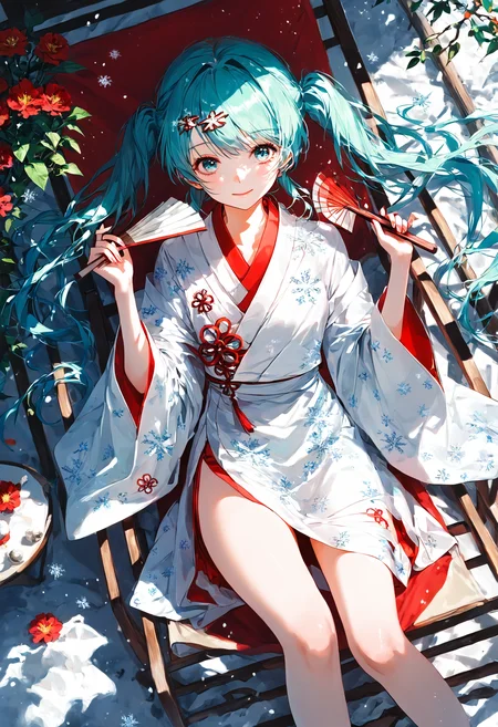 score_9,score_8_up,score_7_up,,source_anime BREAK, 1girl, solo,, s1_dram, from above, on beach chair, , , SHM13, hatsune miku, NOwataboushi, 1girl, japanese clothes, kimono, solo, hand fan, flower, hair ornament, aqua hair, holding, long hair, twintails, aqua eyes, holding fan, white kimono, yuki miku, snowflake print, red flower, looking at viewer, branch, floral print, smile, snow, wide sleeves, folding fan, snowflakes, feet out of frame<lora:S1_Dramatic_Lighting_v2:0.8>,<lora:éªãã¯13:1>