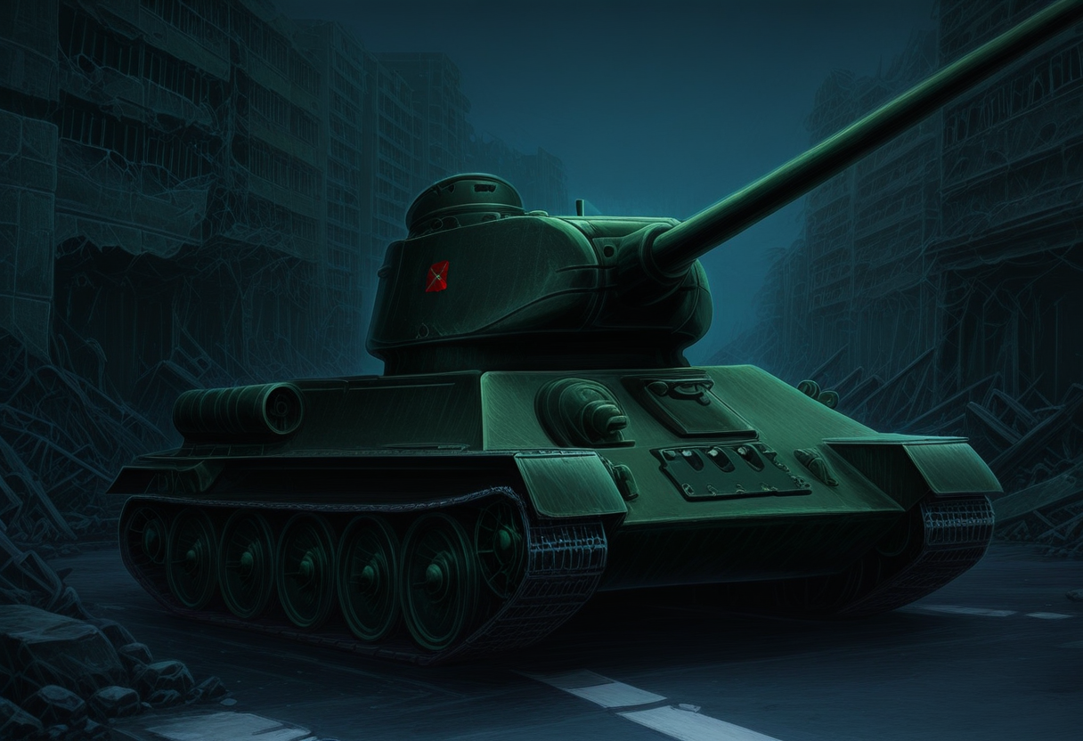 Graphic Design, color art, vibrant colors, colorful, intricate details, high contrast, detailed background, beautiful detailed, beautiful face, detailed eyes, detailed face, newest, new, t3485, no humans, tank, military vehicle, vehicle focus, street, ruins, cinematic lighting, dark, 