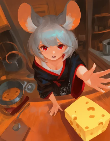 1girl, mouse girl, holding, cheese, palms, short hair, solo, japanese clothes, red eyes, kimono, mouse ears, grey hair, off shoulder, black kimono, looking at viewer, wide sleeves, open mouth, bangs, leaning forward, kitchen, foreshortening,
<lora:wenjlNAIeps:0.8> BREAK
best quality, absurdres, ultra detailed, aesthetic, masterpiece, newest, limited palette, no lineart, ambient occlusion, depth of field, traditional media, painting \(medium\)