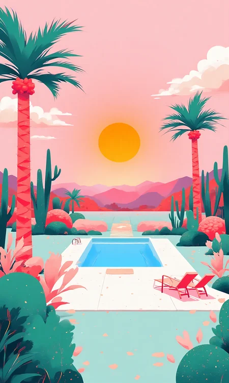 Palm Springs, a tropical oasis with cacti, is the subject of this illustration art in the style of Hiroshi Nagai and Tom Sachs. The pastel-colored, surreal landscape features a swimming pool and chairs, set against a stunning sunset.