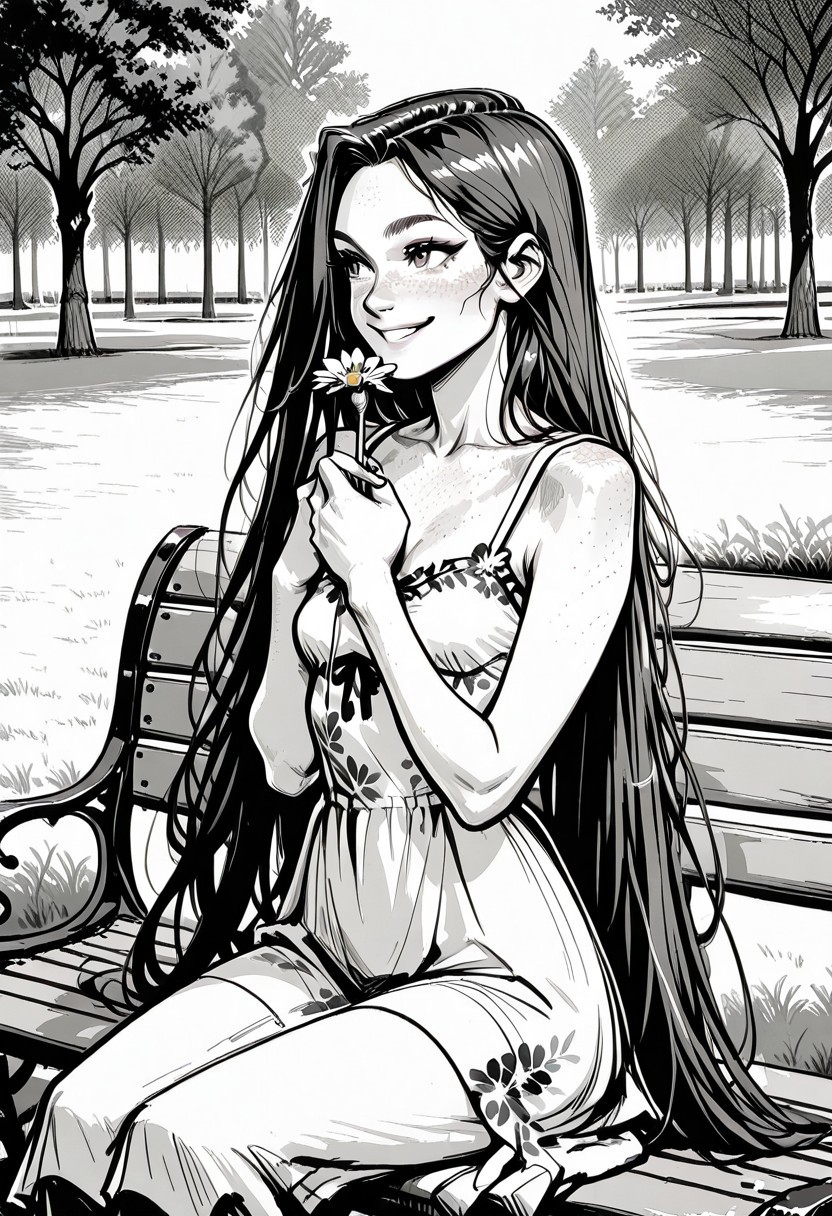 masterpiece, best quality, 32k, high resolution, absurdres, Jedsk5tch, sketch, black and white, monochrome, Ginger, GingerRH, Very long  hair, straight hair, parted bangs, freckles, chest freckles, , small breasts, floral sundress, sitting on a bench, park, smiling, looking away, holding a flower, detailed, outdoors,, hands on chest, focus on face, screentones, shadows, chiaroscuro