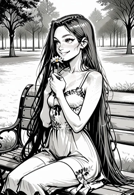 masterpiece, best quality, 32k, high resolution, absurdres, Jedsk5tch, sketch, black and white, monochrome, Ginger, GingerRH, Very long hair, straight hair, parted bangs, freckles, chest freckles, , small breasts, floral sundress, sitting on a bench, park, smiling, looking away, holding a flower, detailed, outdoors,, hands on chest, focus on face, screentones, shadows, chiaroscuro