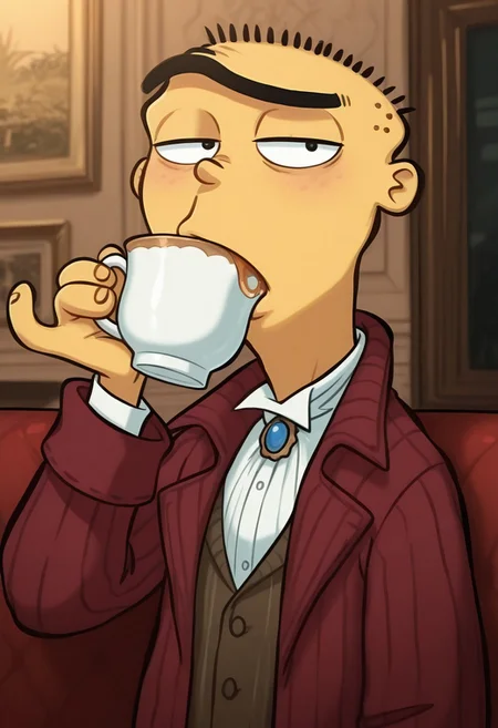Masterpiece, best quality, amazing quality, 1boy, solo,edboi,mnbrow, unibrow, Victorian suit, drinking tea, pinky out,