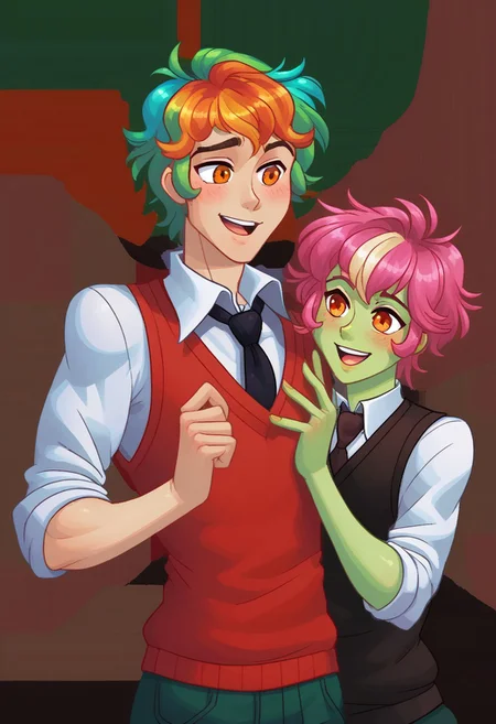 eli, male, SFW, human, date, blush blush uncut, green hair, multicolored hair, necktie, colored skin, shirt, 1other, sweater vest, open mouth, white background, smile, simple background, blush, green skin, black necktie, short hair, white shirt, upper body, collared shirt, sleeves rolled up, orange eyes