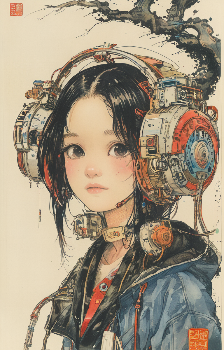 masterpiece,best quality,<lora:tbh162-sdxl:0.9>,illustration,style of Kawanabe Kyosai, tech genius teenage girl