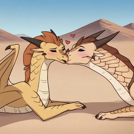 safe_pos, score_9, score_8_up, score_7_up, score_6_up, score_5_up, cartoon, anime screencap, anime coloring,, DerpixonXL,,  close up, chest focus, standing on all fours, 2girls, female, laying on ground, on belly, western dragon, 2 dragons, kissing, kiss, quadruped, desert, , Sandwing, duo, heart, love, cute fang,  yellow scales, dragon, scales, horns, black eyes, obsidian black eyes, wings, 