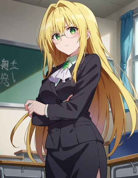 score_9, score_8_up, score_7_up, source_anime,
tearjulunatique, <lora:tearju-lunatique-ponyxl-lora-nochekaiser:1>,
tearju lunatique, long hair, blonde hair, green eyes, sidelocks, glasses,
shirt, collared shirt, white shirt, suit, formal suit, long sleeves, ascot, white ascot, gemstone, green gemstone, skirt, pencil skirt,
indoors, classroom, teaching, chalkboard,
looking at viewer, cowboy shot, dutch angle, dynamic pose,