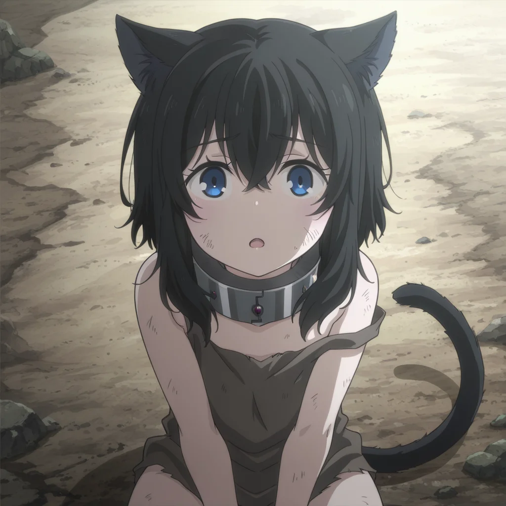 nsfw, masterpiece,best quality,amazing quality,1girl, solo, reincarnated_as_a_sword_fran, sitting, sad, animal ears, metal collar, blue eyes, collar, black hair, bangs, hair between eyes, bare shoulders, looking at viewer, open mouth, dirty, cat ears, cat tail, dirty face, :o, ruin, <lora:Fran_-_Reincarnated_as_a_Sword:0.7>