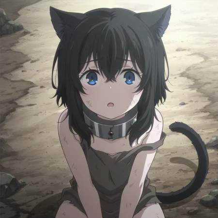nsfw, masterpiece,best quality,amazing quality,1girl, solo, reincarnated_as_a_sword_fran, sitting, sad, animal ears, metal collar, blue eyes, collar, black hair, bangs, hair between eyes, bare shoulders, looking at viewer, open mouth, dirty, cat ears, cat tail, dirty face, :o, ruin, <lora:Fran_-_Reincarnated_as_a_Sword:0.7>