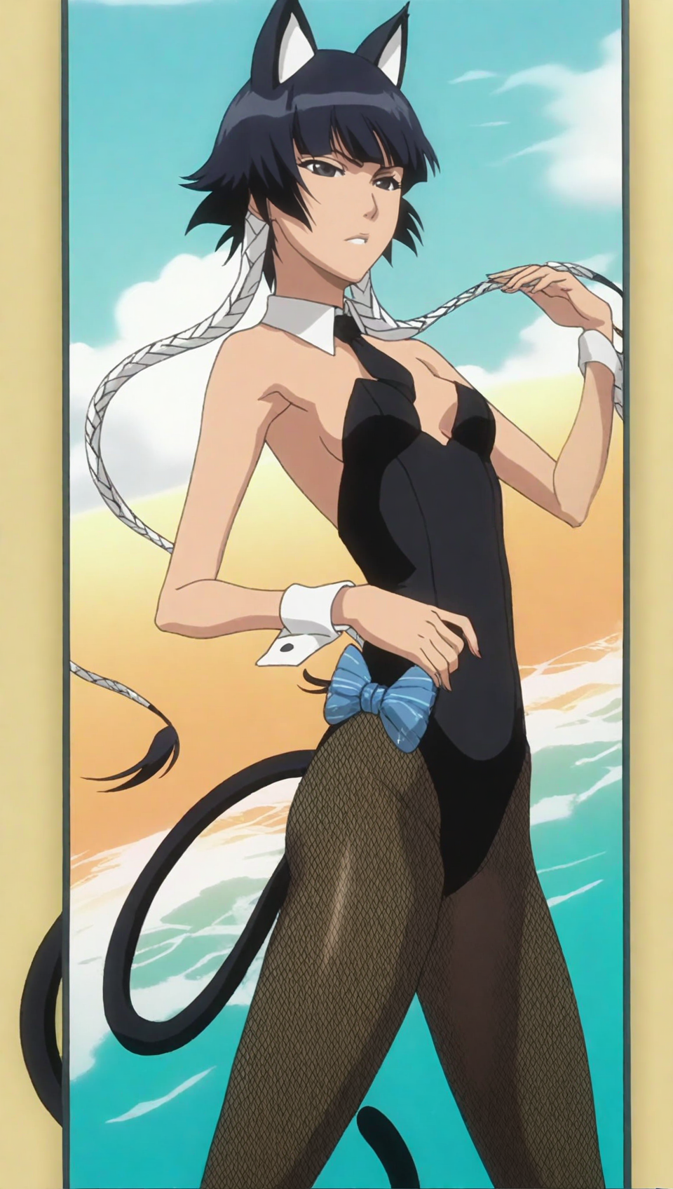 source_anime, score_9, score_8_up, score_7_up, anime screencap, high quality, 8k, absurdres, official style, beach,<lora:SoiFon:1>, soifon, black eyes, short hair with long locks, black hair, long hair, breasts, bow, animal ears, tail, pantyhose, small breasts, necktie, cat ears, cat tail, wrist cuffs, fishnets,, fishnet pantyhose, nontraditional playboy bunny