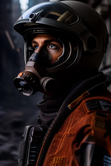 professional modelshoot photo, rescuer in (highly detailed:1.1) orange pressure suit, face fully covered with a sci-fi gas mask, half submerged in black mud, new york, post-apocalyptic ruined city after the atomic explosion, (a lot of overturned wrecked cars), construction garbage, realistic, sharp focus, 8k high definition, insanely detailed, intricate, elegant, on winter day