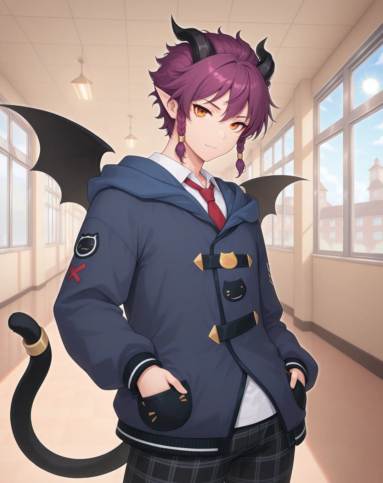 masterpiece,best quality,amazing quality, newest, very aesthetic, absurdres,
1boy, solo, yaoi, male focus, looking at viewer, cowboy shot,
<lora:Veigas_Dream_Cat_ilxl:1> veigasdreamcat, demon tail, purple hair,pointy ears, demon horns, black wings, short hair, orange eyes, demon wings, bat wings, black horns, sidelocks, cat tail,
school uniform, white shirt, collared shirt, blue jacket, red necktie, black pants, plaid pants,
indoors, school, hallway, window, day, sun,