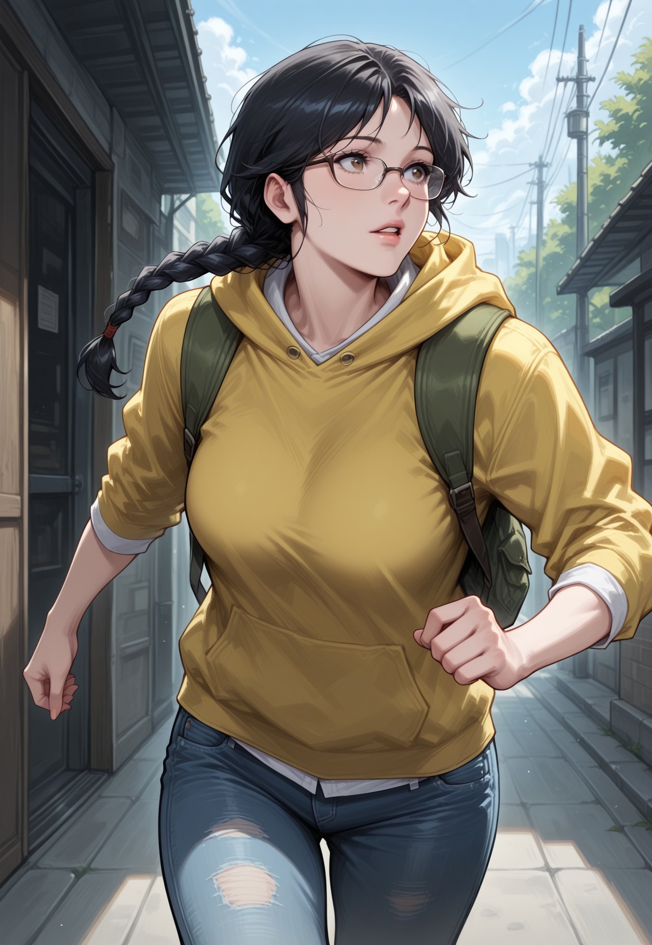 masterpiece, best quality, detailed, realistic, parted lips, 1girl, solo, valeriehrer, black hair, single braid, glasses, yellow hoodie, hood down, backpack, denim jeans, running