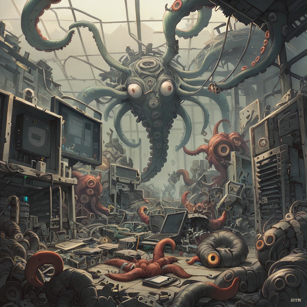 score_9, score_8_up, score_8, ral-elctrprts, server room background, giant octopus made of ruins and computer parts breaking out of a computer, smashing GPUs, snapping electrical wires that still to it to the computer banks and causing electrical fires, broken electronic parts flying as destruction is caused