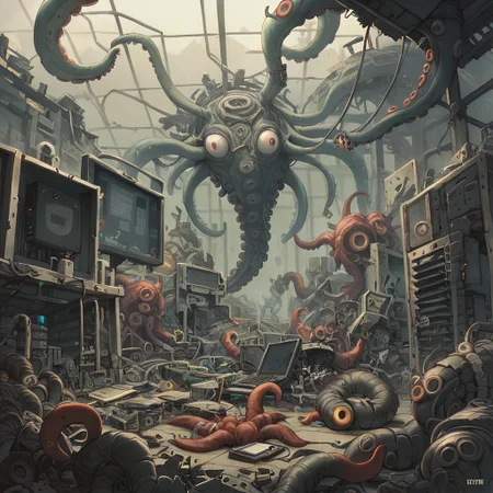 score_9, score_8_up, score_8, ral-elctrprts, server room background, giant octopus made of ruins and computer parts breaking out of a computer, smashing GPUs, snapping electrical wires that still to it to the computer banks and causing electrical fires, broken electronic parts flying as destruction is caused