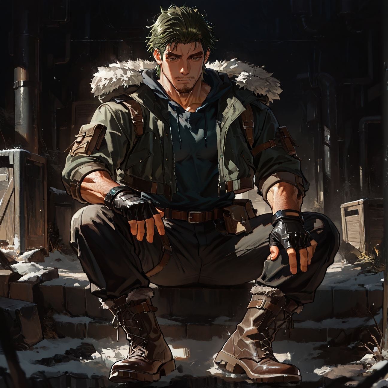 <lora:Sulva__Alchemist_Code-000003:.75> tagatamesulva, sulva_green hair, sulva_brown eyes, 1boy, short hair, solo, male focus, manly, bishounen, muscular male, hoodie, fur trim, shirt, belt, pouch, fingerless gloves, pants, boots
short hair, male focus, muscular male, muscular male, bara, mature, (hairy body, hairy, body hair, glossy skin, bara, mature, facial hair, beard, full beard, sideburn, mustache, stubble), facial hair, bara, mature, body hair, aixiwuganda_(20222192), very awa, masterpiece, best quality, absurdres, newest, perfect quality, detailed background, intricate details,, <lora:slider_Body Type_alpha1.0_rank4_noxattn_last:3><lora:Anime Summer Days 2 Style SDXL_LoRA_Pony Diffusion V6 XL:.6><lora:merged:.7>, DARK, DARK BACKGROUND, LOW-KEY LIGHTING <lora:slider_cfg_scale_boost:.7><lora:Artist6p:.55>, Artist6p, Artist04p,<lora:slider_il_contrast_slider_d1:-.25>,<lora:slider_contract_controller_illus01_v1:.3>, <lora:addon_illustriousXLv01_stabilizer_v1.121:.5>,<lora:Heavenly_Beauty_r1:1>, (heavenlybeauty,)<lora:slider_style_strength_controller_illus01_v1:.25>