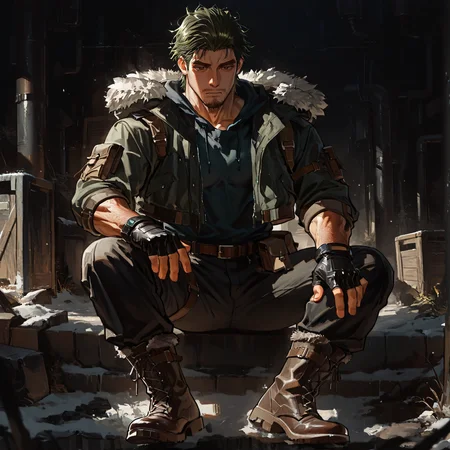 <lora:Sulva__Alchemist_Code-000003:.75> tagatamesulva, sulva_green hair, sulva_brown eyes, 1boy, short hair, solo, male focus, manly, bishounen, muscular male, hoodie, fur trim, shirt, belt, pouch, fingerless gloves, pants, boots
short hair, male focus, muscular male, muscular male, bara, mature, (hairy body, hairy, body hair, glossy skin, bara, mature, facial hair, beard, full beard, sideburn, mustache, stubble), facial hair, bara, mature, body hair, aixiwuganda_(20222192), very awa, masterpiece, best quality, absurdres, newest, perfect quality, detailed background, intricate details,, <lora:slider_Body Type_alpha1.0_rank4_noxattn_last:3><lora:Anime Summer Days 2 Style SDXL_LoRA_Pony Diffusion V6 XL:.6><lora:merged:.7>, DARK, DARK BACKGROUND, LOW-KEY LIGHTING <lora:slider_cfg_scale_boost:.7><lora:Artist6p:.55>, Artist6p, Artist04p,<lora:slider_il_contrast_slider_d1:-.25>,<lora:slider_contract_controller_illus01_v1:.3>, <lora:addon_illustriousXLv01_stabilizer_v1.121:.5>,<lora:Heavenly_Beauty_r1:1>, (heavenlybeauty,)<lora:slider_style_strength_controller_illus01_v1:.25>