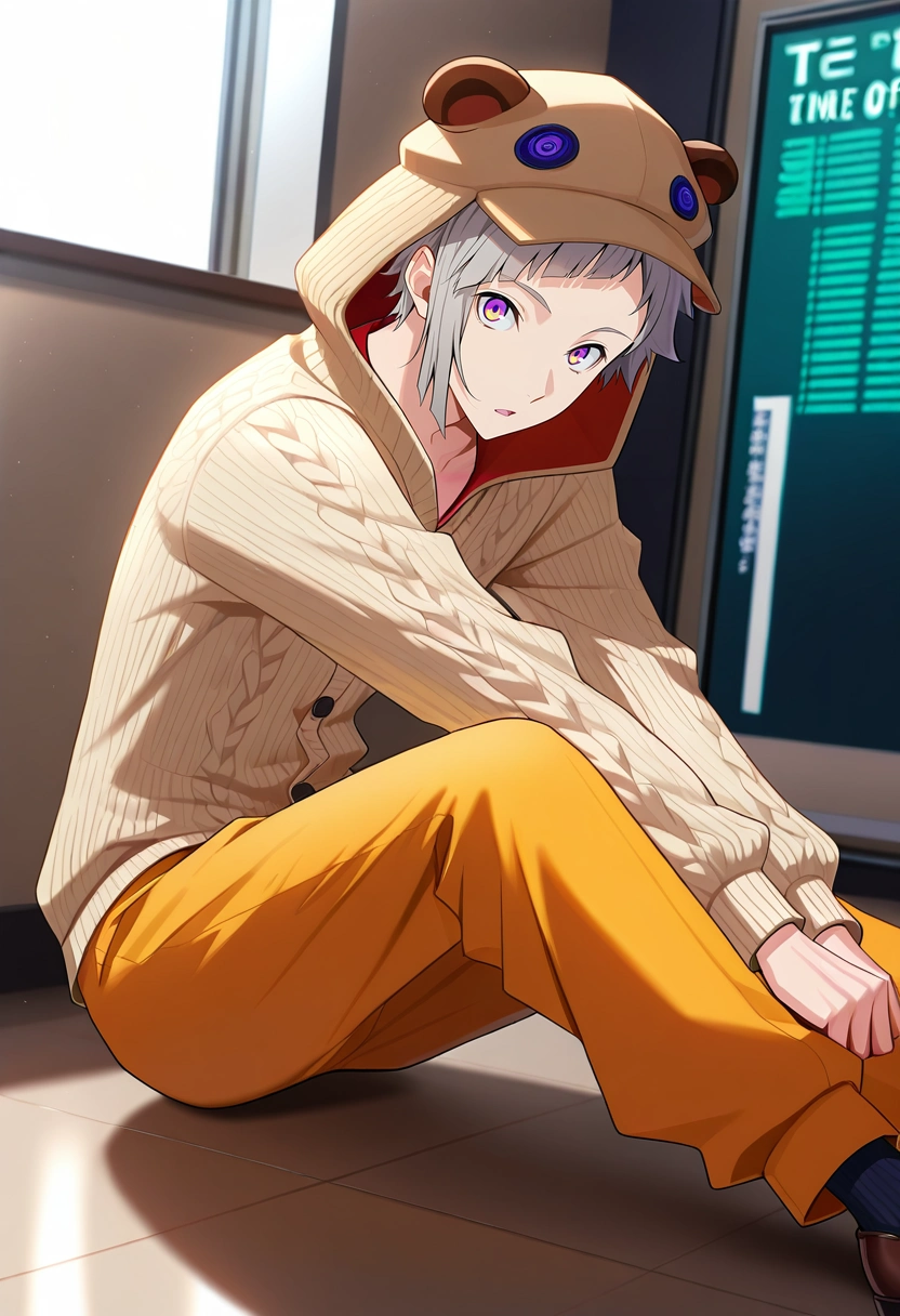 masterpiece, best quality, intricate details, , looking at viewer, 1boy, solo, male focus, <lora:atsushi_nakajima_ilxl:0.92>, atsushi_nakajima, grey hair, yellow eyes, multicolored eyes, purple eyes, short hair, , rule of thirds, times square, indoors, stretching, speaking, talking, Jumpsuit, Henley cardigan, Suede loafers, Cricket hat,