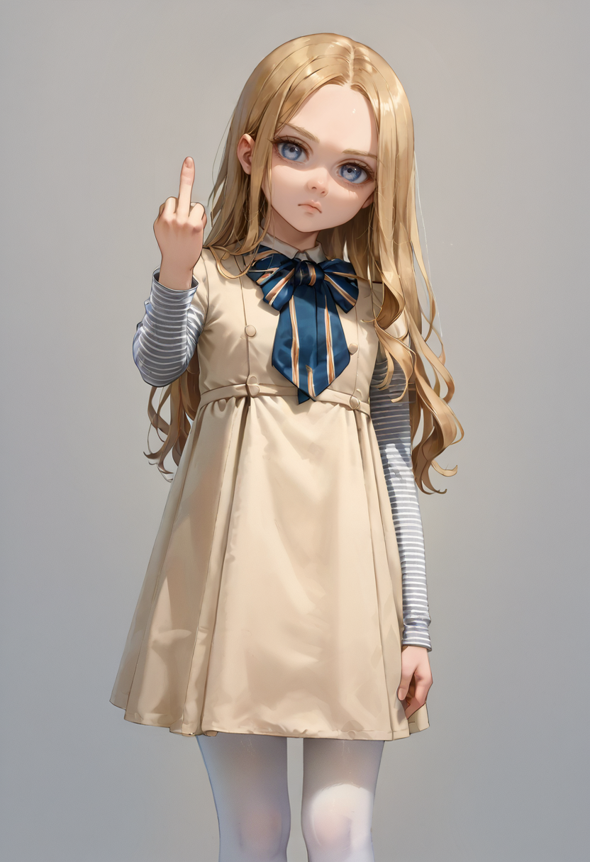 score_9, score_8_up, score_7_up, score_6_up, score_5_up, score_4_up, source_anime, BREAK, 1girl, solo, expressionless, middle finger, looking at viewer, simple background, <lora:M3GAN_V1:0.9> m3gandoll, doll, long hair, blue eyes, blonde hair, forehead, dress, striped sleeves, big bowtie, multicolored bowtie, white pantyhose, pantyhose,