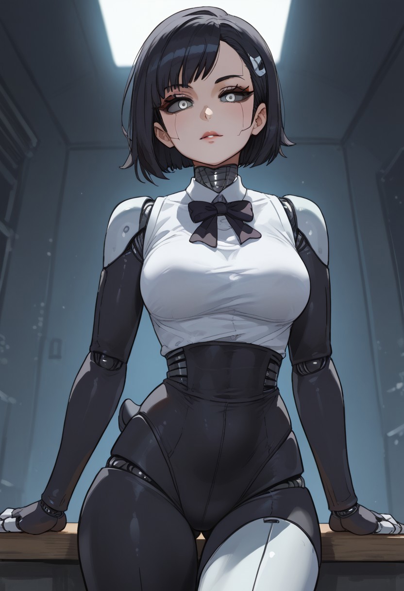 <lora:StS_PonyXL_Detail_Slider_v1.4_iteration_3:4>, score_9, score_8_up, score_7_up, score_6_up, source_anime, ultra quality, clear lines, look at viewer,  (/kaywai style), (anime style), 1 girl, solo, animatronic girl, robot girl, penguin tail, black hair, black sclera, grey eyes, penguin skin, penguin outfit