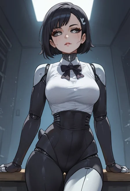 <lora:StS_PonyXL_Detail_Slider_v1.4_iteration_3:4>, score_9, score_8_up, score_7_up, score_6_up, source_anime, ultra quality, clear lines, look at viewer, (/kaywai style), (anime style), 1 girl, solo, animatronic girl, robot girl, penguin tail, black hair, black sclera, grey eyes, penguin skin, penguin outfit