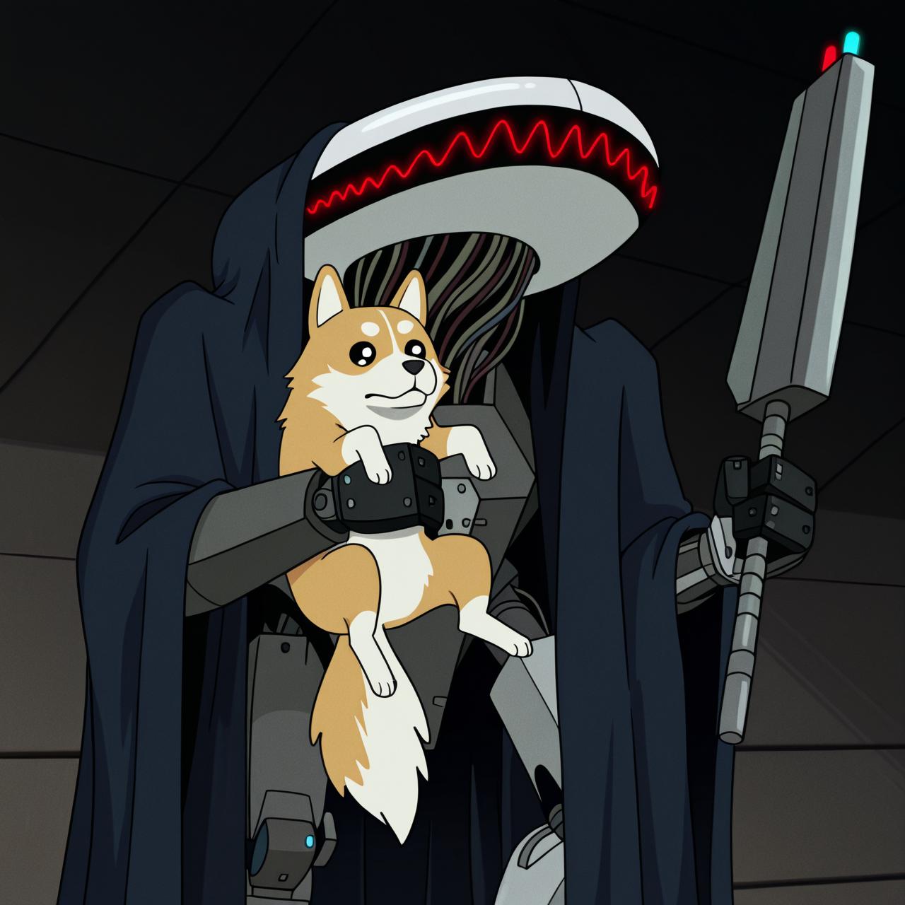 toon \(style\), ultra detailed, raytracing, masterpiece, best quality, highres, absurdres, itcond1, solo, robot, big white head, blue cape, hood up, no eyes, no mouth, neck of wires, glowing red waveform facial mark, (holding dog, holding weapon:1.5), <lora:itcond1illu_ep10:1>