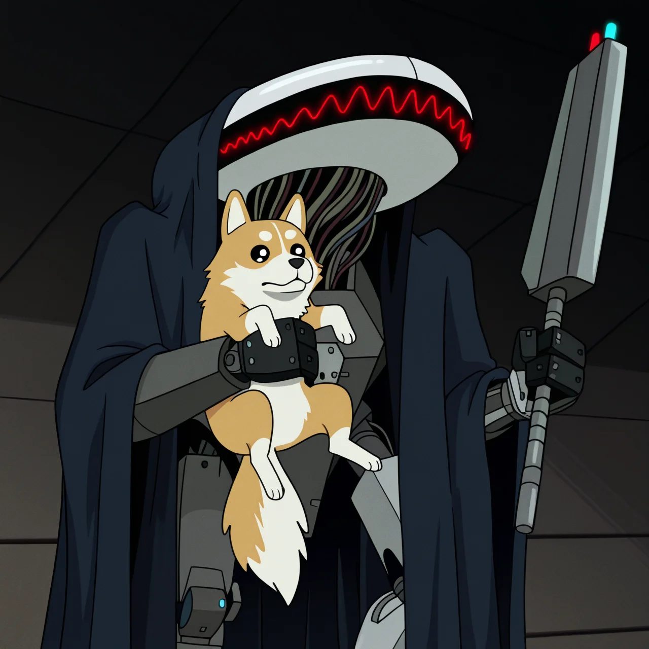 toon \(style\), ultra detailed, raytracing, masterpiece, best quality, highres, absurdres, itcond1, solo, robot, big white head, blue cape, hood up, no eyes, no mouth, neck of wires, glowing red waveform facial mark, (holding dog, holding weapon:1.5), <lora:itcond1illu_ep10:1>