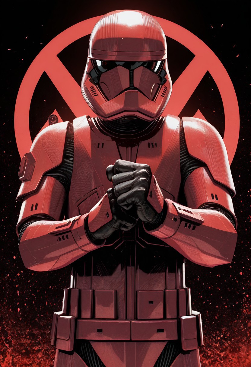 detailed background, cowboy shot, solo, 1boy, SithTrooper, red armor, red helmet, black visor, arm raised in the air, balled fist, black background, red  Sith Eternal logo in background, detailed scenery, masterpiece, best quality, very aesthetic, newest, masterpiece, best quality, amazing quality, very aesthetic, absurdres, newest,, high res, ultra detailed, best quality, best artwork, detailed eyes, (eyes focus), perfect eyes, big iris, pupils visible, anthro hands, claws, 4k, ultra quality, perfect face, absurdres,masterpiece,best quality,amazing