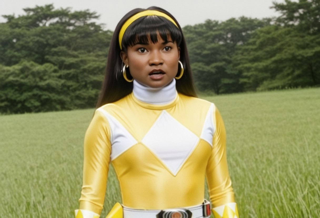 thick yellow energy beam wrapped tightly around waist of female yellow power ranger Ellie, 1girl, alone, 20-year-old black woman, yellow headband, yellow hairband, centre-parting voluminous straight shoulder-length with bangs haircut, dark-skinned, fringe, black hair, brown eyes, helmetless, wearing yellow power ranger costume, yellow spandex catsuit, white collar, white gloves, large chunky steel hoop earrings, talking, concerned facial expression, standing square-on, both arms down by sides, torso shot, in action in grassy meadow, hyperdetailed photography