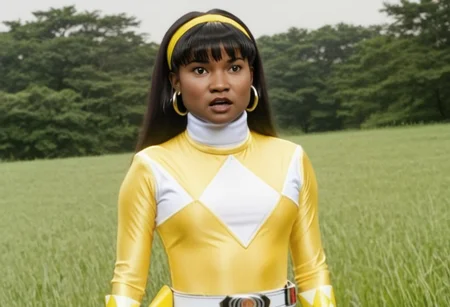 thick yellow energy beam wrapped tightly around waist of female yellow power ranger Ellie, 1girl, alone, 20-year-old black woman, yellow headband, yellow hairband, centre-parting voluminous straight shoulder-length with bangs haircut, dark-skinned, fringe, black hair, brown eyes, helmetless, wearing yellow power ranger costume, yellow spandex catsuit, white collar, white gloves, large chunky steel hoop earrings, talking, concerned facial expression, standing square-on, both arms down by sides, torso shot, in action in grassy meadow, hyperdetailed photography