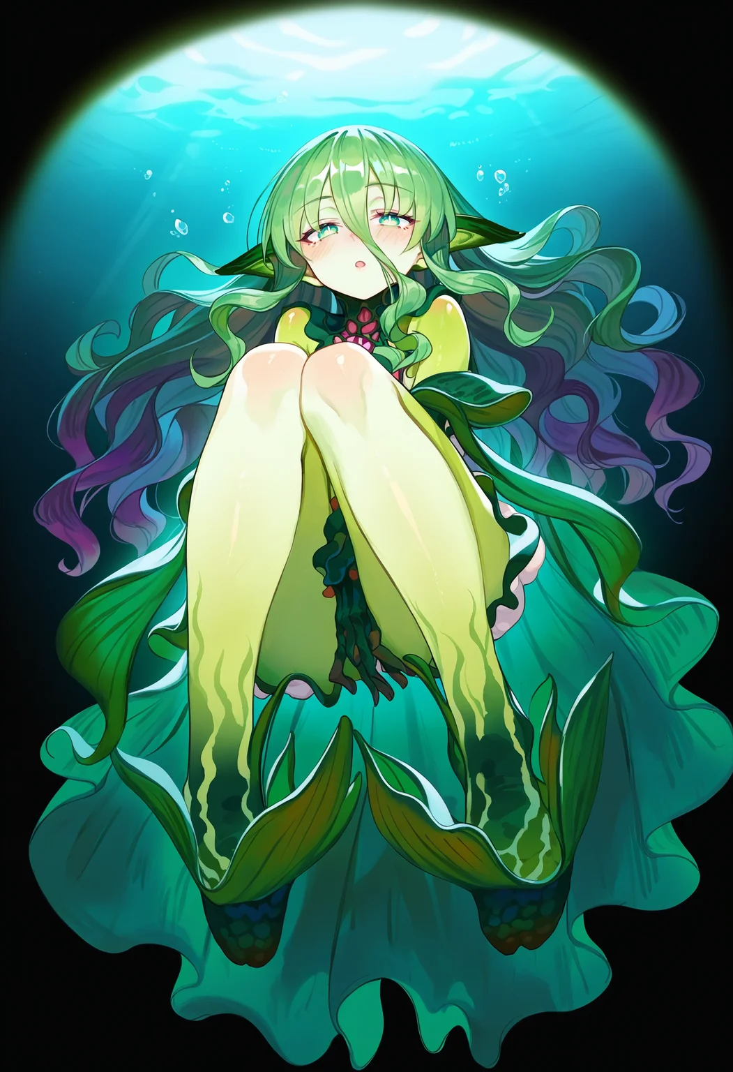 score_9, score_8_up, score_7_up, score_6_up, source anime,
flow kelp, kelp, 1girl, :o, absurdres, bare legs, blush, colored skin, full body, green eyes, green hair, green skin, green theme, groin, hair between eyes, long hair, looking at viewer, monster girl, monster girl encyclopedia, official art, open mouth, pale skin, parted lips, plant girl, solo, very long hair, wavy hair, underwater, close-up, from below, knees up, hand between legs, floating, bioluminescence, night, black background
<lora:monmusu_plant_girl_v13:1>
