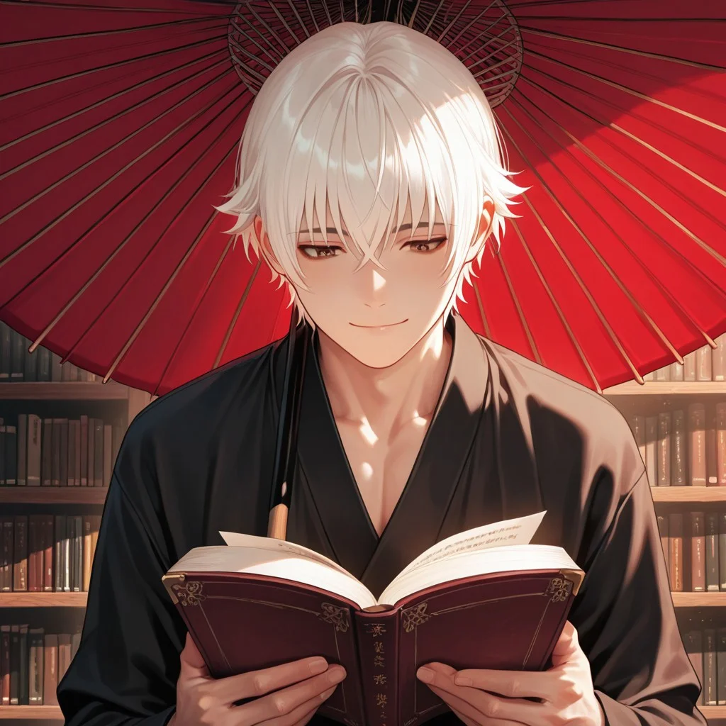 masterpiece, best quality, amazing quality, absurdres, newest, detailed background, definition so sharp, Ultra-HD, 8K cinematic, very awa, impressionate, amazing quality, highres,
solo, male focus, manly,
yashiroisana, 1boy, short hair, bangs, shiro_white hair, shiro_brown eyes, oil-paper umbrella, seated, reading a book, calm expression, slight smile, aesthetic, library, soft light, bookshelves, peaceful, joyful, gentle