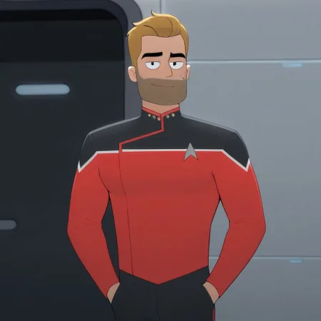 J-Ransom, blonde hair, black eyes, facial hair, red uniform, muscular build, black tight pants, 1boy, male, mature male, solo, hands in pockets, (looking at viewer), light smile, masterpiece,best quality,amazing quality,