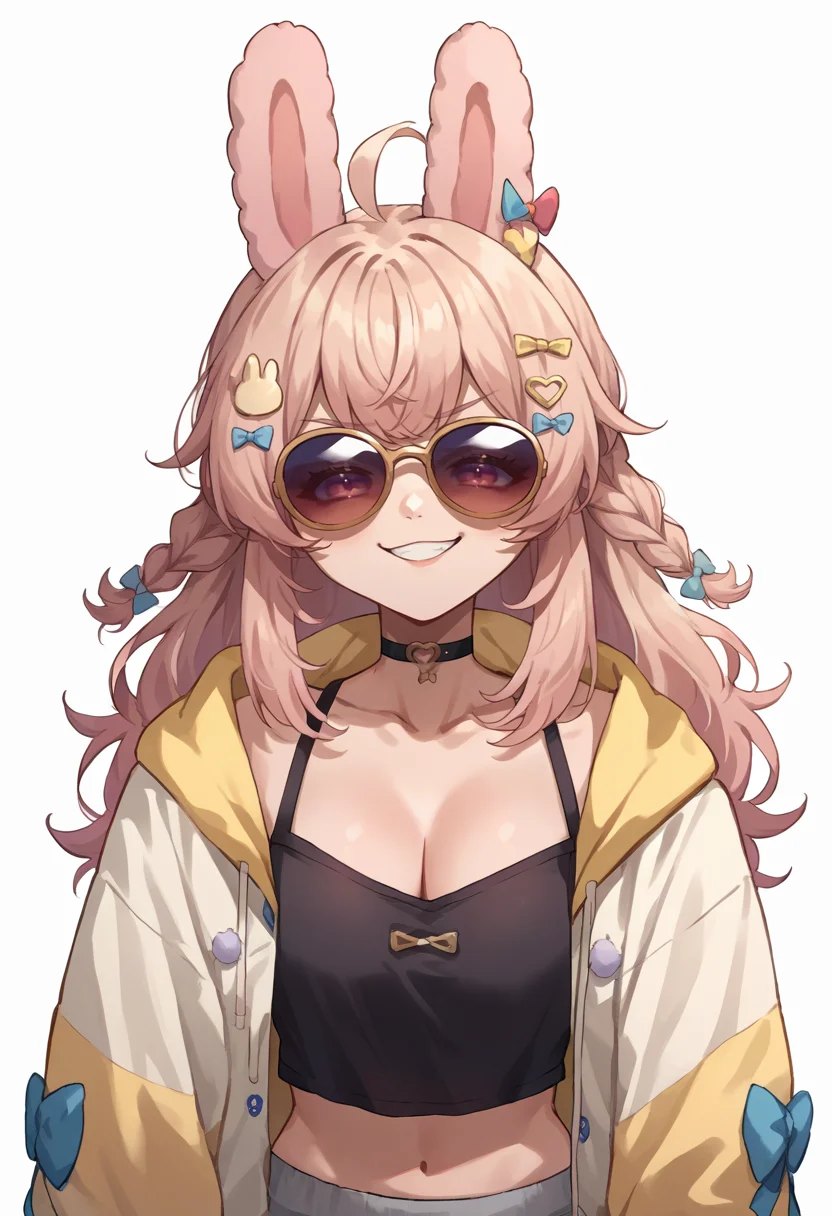 score_9, score_8_up, source_anime, PippaPipkin, long hair, braid, ahoge, hair ornament, hair bow, black shirt, upper body, sunglasses, grey pants, midriff, see-through cleavage, yellow jacket, black choker, smile, smug, simple background, white background, <lora:ChamPippaPipkinPonyXL-000008:1>