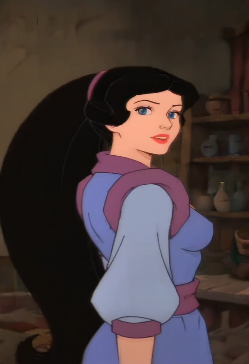 score_9_up, score_8_up, score_7_up, 1980s (style), retro artstyle, source_cartoon, rating_safe, solo 
HEASnowWhite, 1girl, black hair, long hair, very long hair, ponytail, hairband, blue eyes, red lips, lipstick, breasts, looking at viewer, indoors, dutch angle, portrait shot