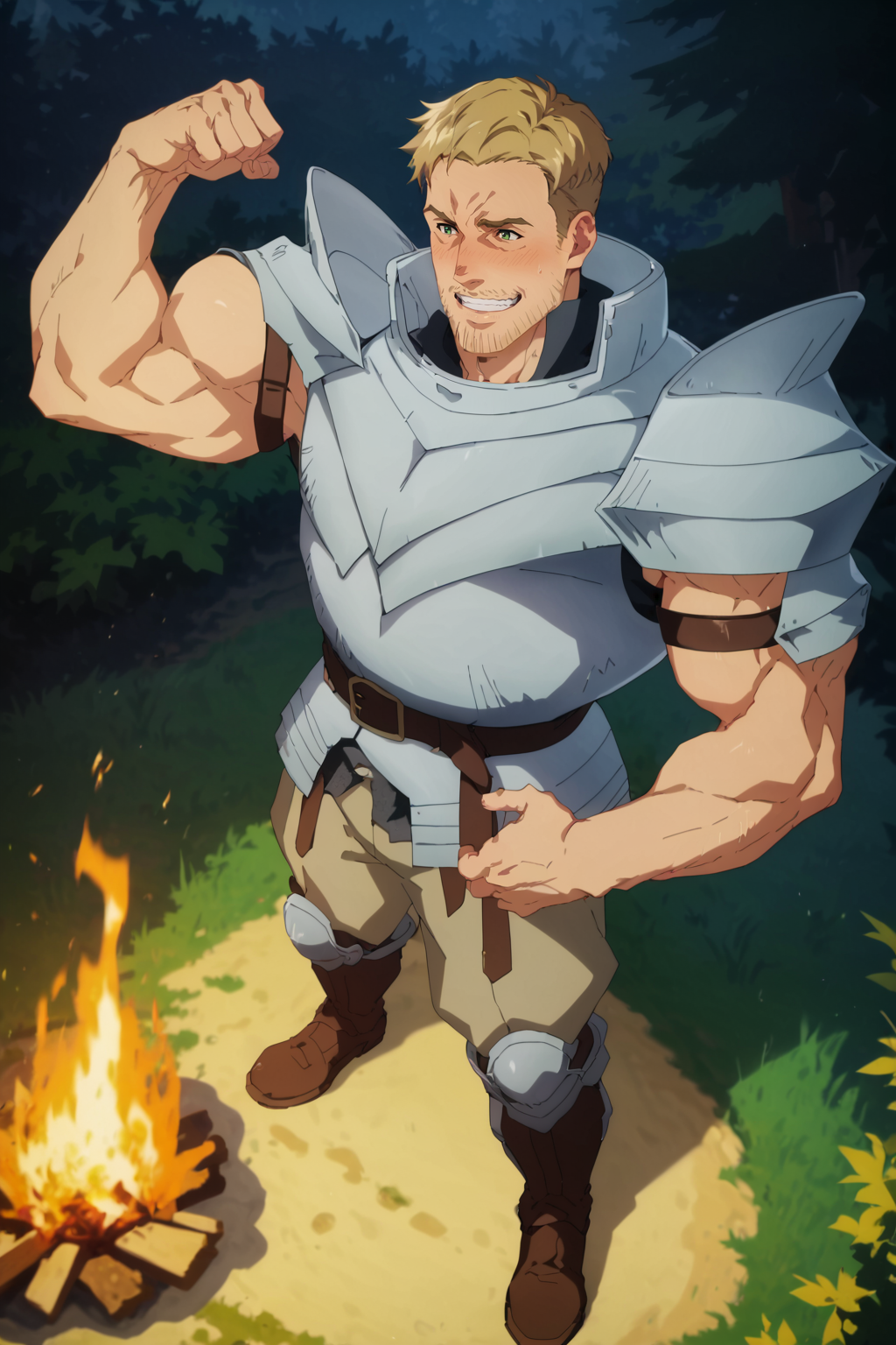 score_9,score_7_up,score_6_up,score_5_up,score_4_up, 1boy, solo, bara, muscular male, beard, blonde hair, green eyes, ear blush, nose blush, outdoors, narrow waist, grin, standing, from above, full body, belt, armor, flexing double biceps pose, perfect anatomy, perfect proportions, best quality, masterpiece, high_resolution, high quality, best aesthetic, incredibly absurdres, highres, extremely detailed, huge filesize, source_anime \(campfire cooking in another world with my absurd skill\), sharp shadows, direct lighting, vibrant colors, glow effect, bloom, edge color fringing, chromatic aberration, Werner from anime \(Campfire cooking in another world with my absurd skill\),  <lora:add-detail-xl:1>,  <lora:Anime Summer Days 2 Style SDXL_LoRA_Pony Diffusion V6 XL:0.8>,  <lora:Werner_-_Campfire_cooking_in_another_world_with_my_absurd_skill-vtest1:1>